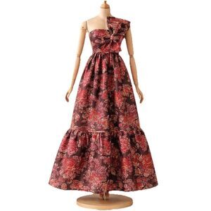Petal & Pup Betina Bow Front Maxi Dress One Shoulder Brown Floral Metallic M